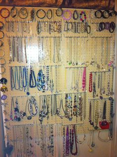 a wall mounted jewelry rack filled with lots of different types of necklaces and bracelets