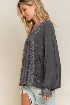 POL Relaxed feminine woven blouse with floral applique embroidery. See through accents, loose puffy sleeves, back pleated shirring, scallop floral applique wrists. V neckline. Stretchy fabric. Casual Romantic, shabby chic. Our most popular top, don't miss this one!Colors: Black, Modern Charcoal (has bluish cast), Romantic TaupeSizes: S-M-L Loose true to size fit. Bust 34-36-38, Length 24-25, fabric is stretchy 94% Rayon, 6% Spandex, hand wash cold, lay flat, importedI6/TKT356A Applique Blouse, Lace Weave, Romantic Tops, Long Sleeve Floral Top, Long Sleeve Outerwear, Bohemian Tops, Lace Top Long Sleeve, Fitted Blouses, Lace Long Sleeve