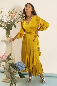 Shop for Your Silq Yellow Aleah Silk Satin Ruffle Dress for Women Online at Aza Fashions Satin Ruffle Dress, Yellow Silk, Designer Menswear, Satin Color, Mens Designer Fashion, Satin Midi Dress, Dress For Women, Yellow Dress, Aza Fashion