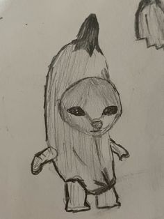 a drawing of an animal with a banana on it's head and another creature in the background