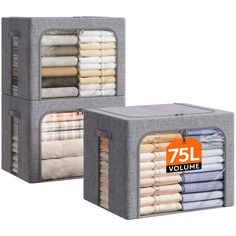 two storage bins that have folded clothes in them, one with the number 751 on it