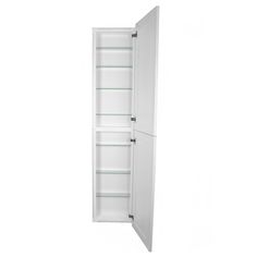 an open white cabinet with glass shelves