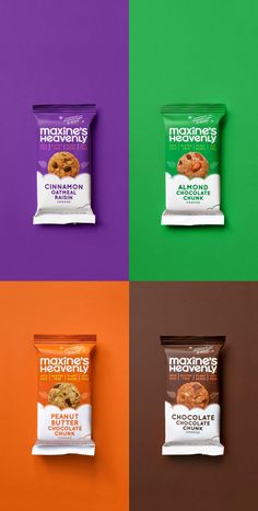 four bags of cookies on different colored background