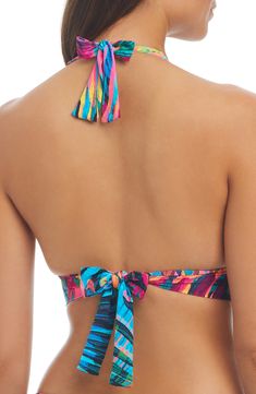 Fully adjustable ties ensure the perfect fit every time you choose this printed bikini top with a supportive underbust band. Ties at neck and back Lined, with removable soft cups 87% nylon, 13% spandex Hand wash, line dry Imported Multicolor Halter Neck Swimwear With Tie Back, Multicolor Halter Neck Tie-back Swimwear, Multicolor Swimwear With Removable Bra Pads For Pool, Multicolor Beachwear Swimwear With Removable Bra Pads, Multicolor Swimwear With Removable Bra Pads For Vacation, Vacation Multicolor Swimwear With Removable Bra Pads, Multicolor Swimwear With Removable Bra Pads For Sunbathing, Multicolor Swimwear With Removable Bra Pads For Swimming, Multicolor Swimwear With Removable Bra Pads