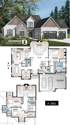 two story house plan with three car garages and an open floor plan for the first level