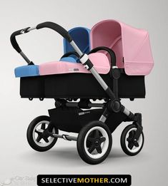 two baby strollers, one pink and one blue, side by side on a gray background