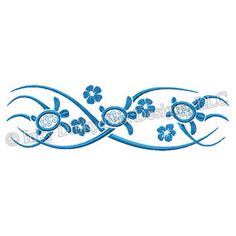 an embroidered design with blue flowers and swirls on the side of a white background