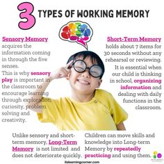 a child wearing glasses with the words 3 types of working memory