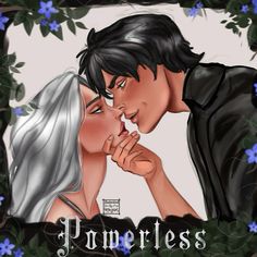 a couple kissing each other in front of blue flowers and leaves with the words promess on it