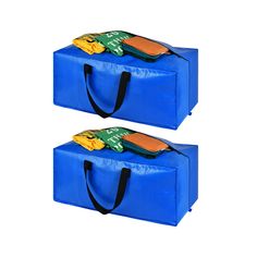 two blue bags with orange and green handles