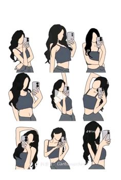 a woman taking a selfie with her cell phone in different positions and showing how to use it