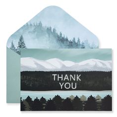 a thank card with the words thank you on it in front of a mountain scene