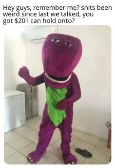 a person in a purple dinosaur costume standing on the floor