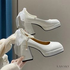 Lasaky - Classic Mary Jane Shoes: White High Heels with Vintage Chunky Heels, Thick Soles, and Height-Boosting Design Thick Heel Shoes, Summer High Heels, Mary Jane High Heels, Pearl Sandals, Wedding Shoes Lace, Elegant High Heels, White Wedding Shoes, Elegant Heels, White Shoes Women