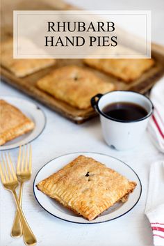 a table topped with plates of food next to a pan filled with pies and coffee