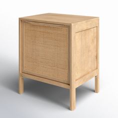 a wooden cabinet with wicker doors on the front and bottom, against a white background