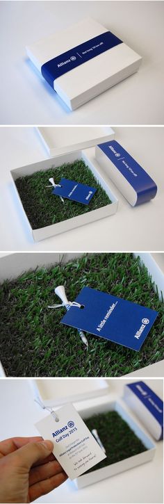 three different views of an open box with business cards in the bottom, and inside