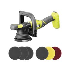 an electric sander with four discs and one attachment for the sanding machine is shown in three different colors