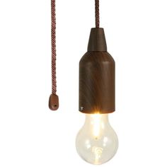 a wooden light bulb hanging from a rope