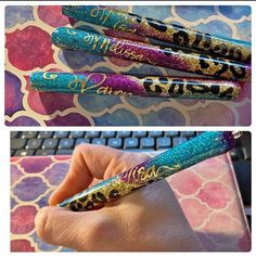 two photos of the same pen in different colors and patterns, one with gold writing on it