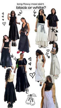 black or white outfits? Long Flowy Skirt Outfit, Flowy Skirt Outfit, Long Black Skirt Outfit, Black Maxi Skirt Outfit, Cut Outfits, White Skirt Outfits, Black Skirt Outfits, White Long Skirt