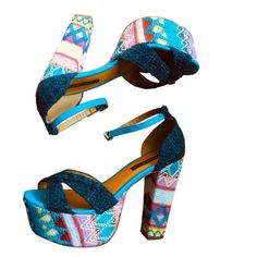 Nib Shoe Republic La Dorian Blue Multicolor Vegan Platform Sandals-Size 7 Gorgeous, Colorful & Unique Open Toe Sandal With Wide Ankle Straps & Chunky Block Heel. Heel Is Approximately 5” & Platform Is 2”. From A Smoke And Pet Free Home. Ships Within One Business Day. Blue Platform Sandals With Closed Toe, Blue Closed Toe Sandals With Heel Strap, Blue High Heel Sandals With Heel Strap, Blue Closed Toe Platform Sandals, Blue Open Heel Sandals For Beach, Light Blue Round Toe Heels For Beach, Bohemian Blue Closed Toe Sandals, Blue Ankle Strap Sandals In Synthetic Material, Blue Ankle Strap Sandals With Synthetic Material