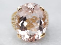 This morganite ring is feminine and sophisticated. The morganite is the palest blush pink hue, with beautiful clarity and fantastic sparkle. Set in warm yellow gold, allowing the rose undertones to shine through!Metal: 18K Yellow GoldGem: Morganite 10.44 CaratsGem Measurements: 13.1 x 16.3 mm, OvalRing Size: 5Marks: “18K” Stamped on the inside band Formal Morganite Rings In Pink Gold, Morganite Pink Gold Rings For Formal Occasions, Formal Pink Gold Morganite Rings, Formal Morganite Pink Gold Rings, Formal Fine Jewelry Blush Rings, Elegant Pink Topaz Ring In 14k Gold, Formal Pink Morganite Rings, Blush Morganite Jewelry For Formal Occasions, Blush Morganite Formal Jewelry