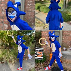 four photos of a boy in blue cat costume and mask holding a hoop while standing on the sidewalk