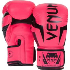 a pink boxing glove with black lettering on the front and side of it, which reads venum