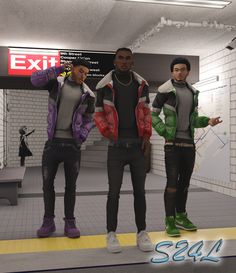 three young men standing next to each other in front of a wall with graffiti on it