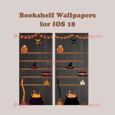 bookshelf wallpapers for iphone and ipad with pumpkins, witches, jack - o'- lanterns