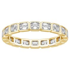 Ring Information Metal: 14k Gold, 18k Gold, Platinum Diamond Total Carat : 2ttcw Diamond Cut : Emerald Cut - Emerald Cut Natural Diamond Clarity: VS Diamond Color: F-G Color: White Gold, Yellow Gold, Rose Gold, Platinum Ring Size: 3-13 Lead Time: 4-8 Weeks (If out of Stock) JEWELRY CARE Over the course of time, body oil and skin products can collect on Jewelry and leave a residue which can occlude stones. To keep your Jewelry looking bright and new, take a soft headed toothbrush with some mild soap and gently brush the front and back of the stones and metal. Rinse thoroughly with tepid water. We do not suggest putting Jewelry in an ultrasonic to clean. Steam cleaning works well, but do not steam emeralds or opals as high heat can damage these stones. Diamond Band Rings, Sapphire And Diamond Band, Bezel Set Ring, Sapphire Band, Platinum Jewelry, Vs Diamond, Skin Products, Modern Ring, Diamond Rings Bands