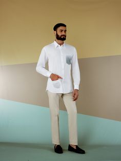 Quirk it up this summer with displaced pocket white shirt from SS HOMME SSENTRIC's collection. #SSentric #summerwedding #menstyle #destinationwedding #kurtas #prints White Shirt, Take That