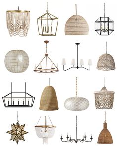 many different types of chandeliers hanging from the ceiling