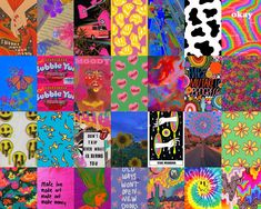 a collage of colorful images with words and pictures on them, all in different colors