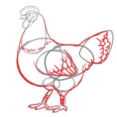 a drawing of a chicken with red lines on it's face and tail, standing in front of a white background