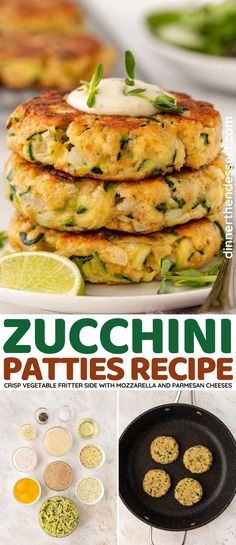 zucchini patties recipe with spinach, cheese and sauces on top