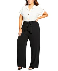 Approx. model height is 5'8" and she is wearing a size XS/14 | Approx. inseam: 32-3/5" | High rise; wide leg | Side zipper closure | Self tie sash at waist; belt loops | Polyester/elastane | Machine washable | Imported Plus Size Palazzo Pants, Plus Size Palazzo, Black Palazzo Pants, Wide Leg Palazzo Pants, Cream Top, Tie Waist Dress, Top Plus Size, Type Of Pants, Chic Woman