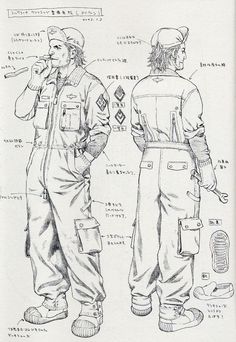 two men in overalls are standing next to each other, one is talking on the phone