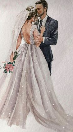 a watercolor painting of a bride and groom kissing in front of a white background