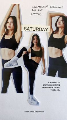 an advertisement for a women's sports bra top and leggings with the words saturday written on it