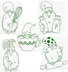 four different drawings of gnomes with hats and cooking utensils