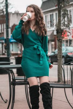 Click image to shop. Fall outfits 2021 | sweater dress outfit | holiday dresses christmas | fall dresses | over the knee boot outfit | knee high boots outfit | dressy outfits | sweater dress with boots | green dress | #fallfashion #falloutfit #ltkunder50 #ltkstyletip #ltksalealert #ltkshoecrush #ltkworkwear #liketoknowit #amazonfashion #amazonfinds #founditonamazon #outfitoftheday #outfitideas #outfitinspiration #outfitstyle #styleinspiration #styletips Christmas Outfits With Boots, Green Sweater Dress With Boots, Green Knee High Boots Outfit, Green Dress With Boots, Green Sweater Dress Outfit, Green Fall Dress, Transition To Fall Outfits, Green Fall Dresses, Green Christmas Outfit