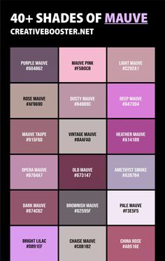 the shades of mauve are shown in different colors and sizes, including pinks, purple