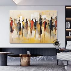 a living room with a large painting on the wall