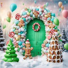 a christmas scene with gingerbreads, candy canes and balloons in front of a green door