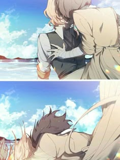 two anime characters hugging each other in front of blue sky and clouds, one is holding the