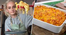 a woman is holding up some food in front of her face and the other side has macaroni and cheese on it