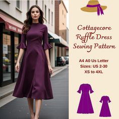 a woman in a purple dress and hat walking down the street