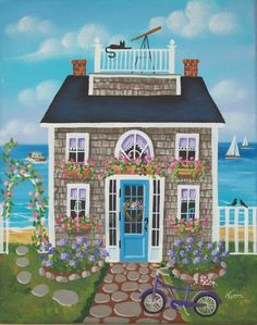 a painting of a house with a bicycle parked in front of it and the ocean behind it